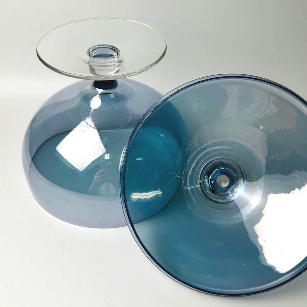 Vintage Empoli Style Blue Blown Glass Covered Compote Pedestal Candy Dish MCM